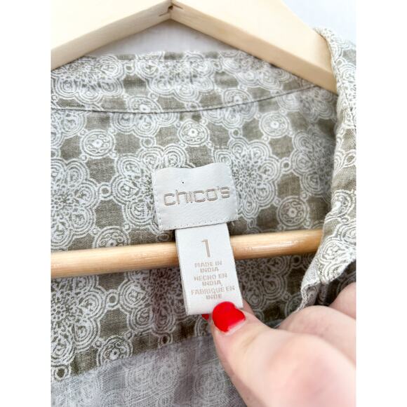 Chico's 100% Linen Button Down Blouse sz Medium Lagenlook Medallion 3/4 Sleeve - Picture 2 of 6